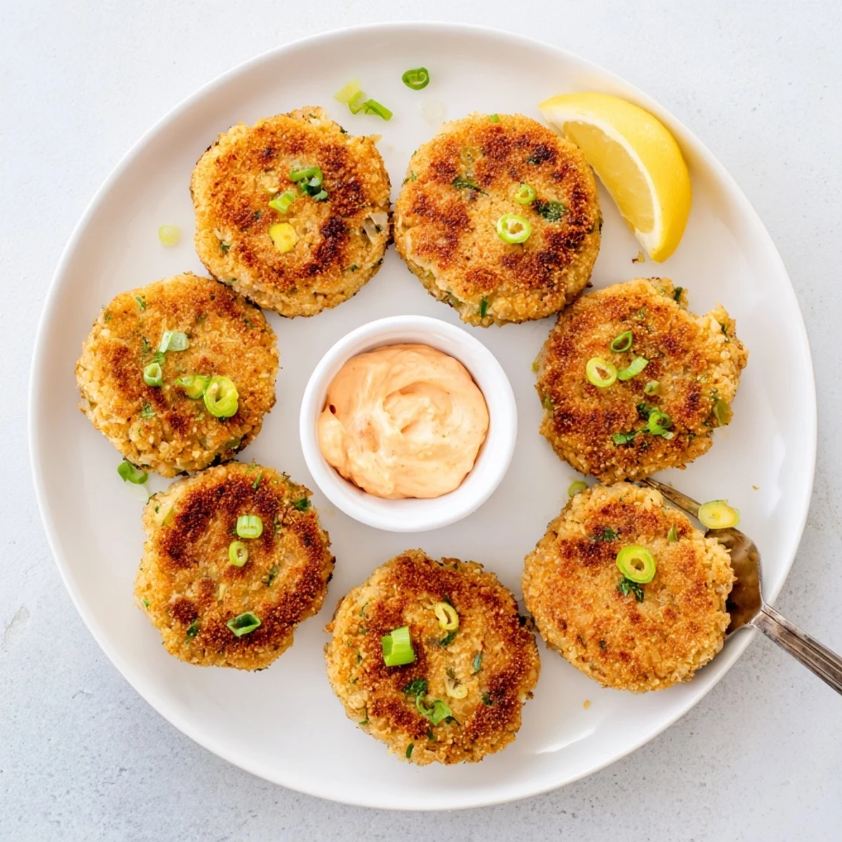 Golden brown Asian tuna cakes pan-fried to crispy perfection with fresh green onion bits visible