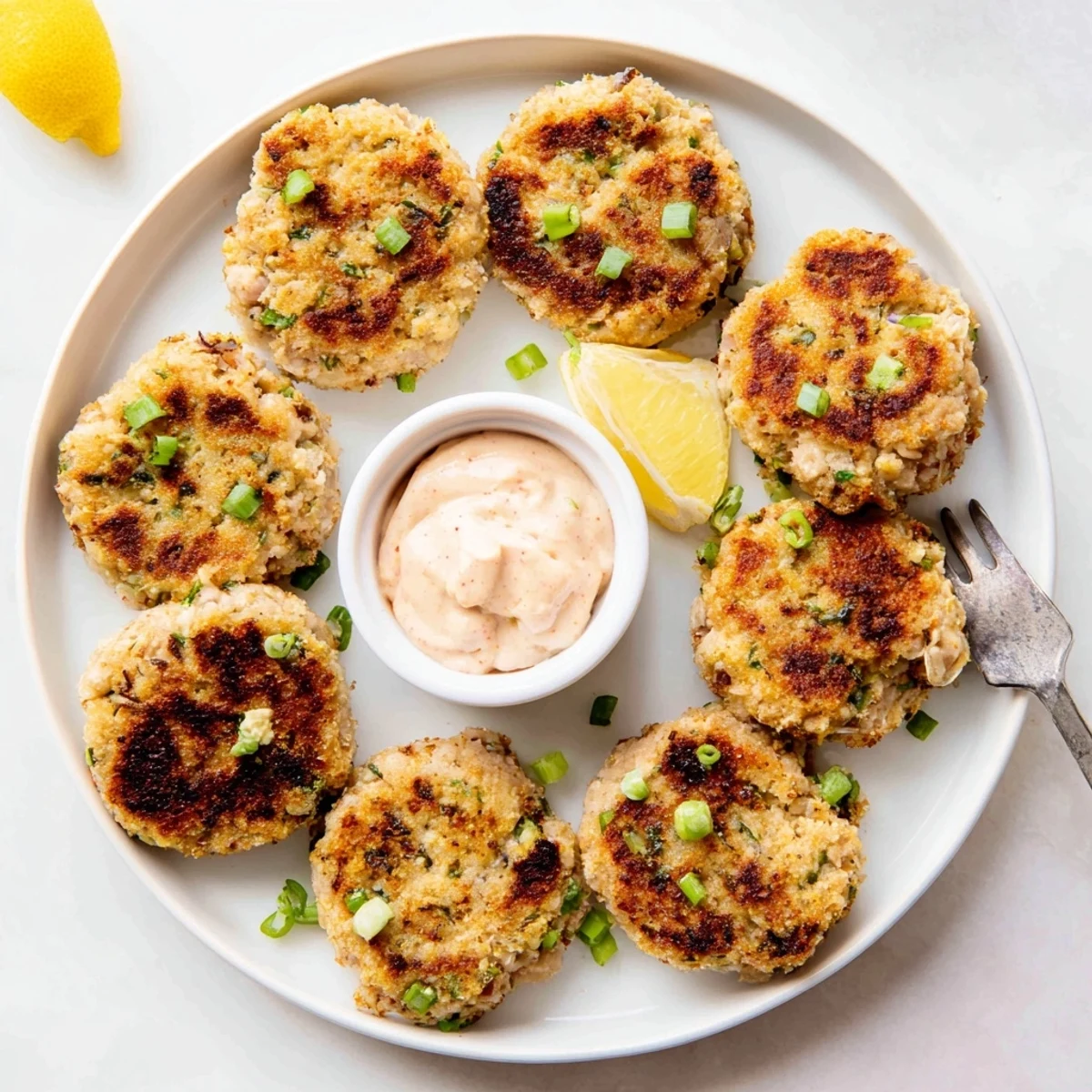 Platter of Asian tuna cakes served alongside a bowl of creamy orange spicy mayo dip