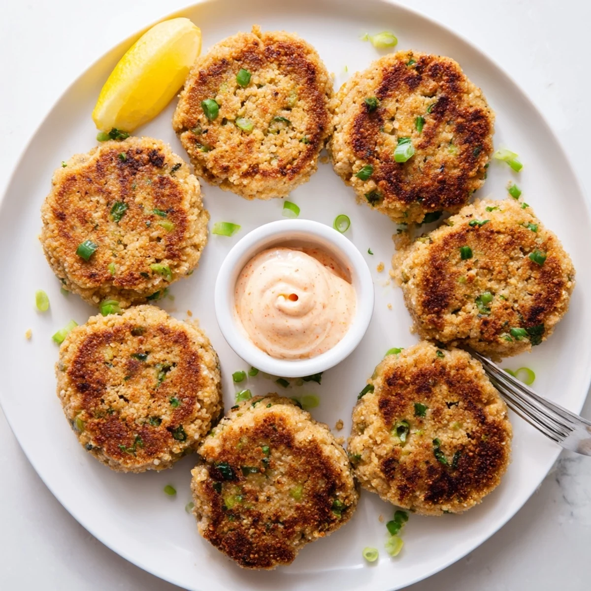 Close-up of Asian tuna cakes garnished with cilantro and red chili on a white plate