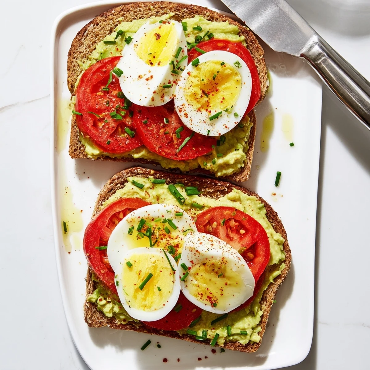 Golden avocado toast topped with ripe tomato slices and protein-rich hard-boiled eggs for a hearty breakfast
