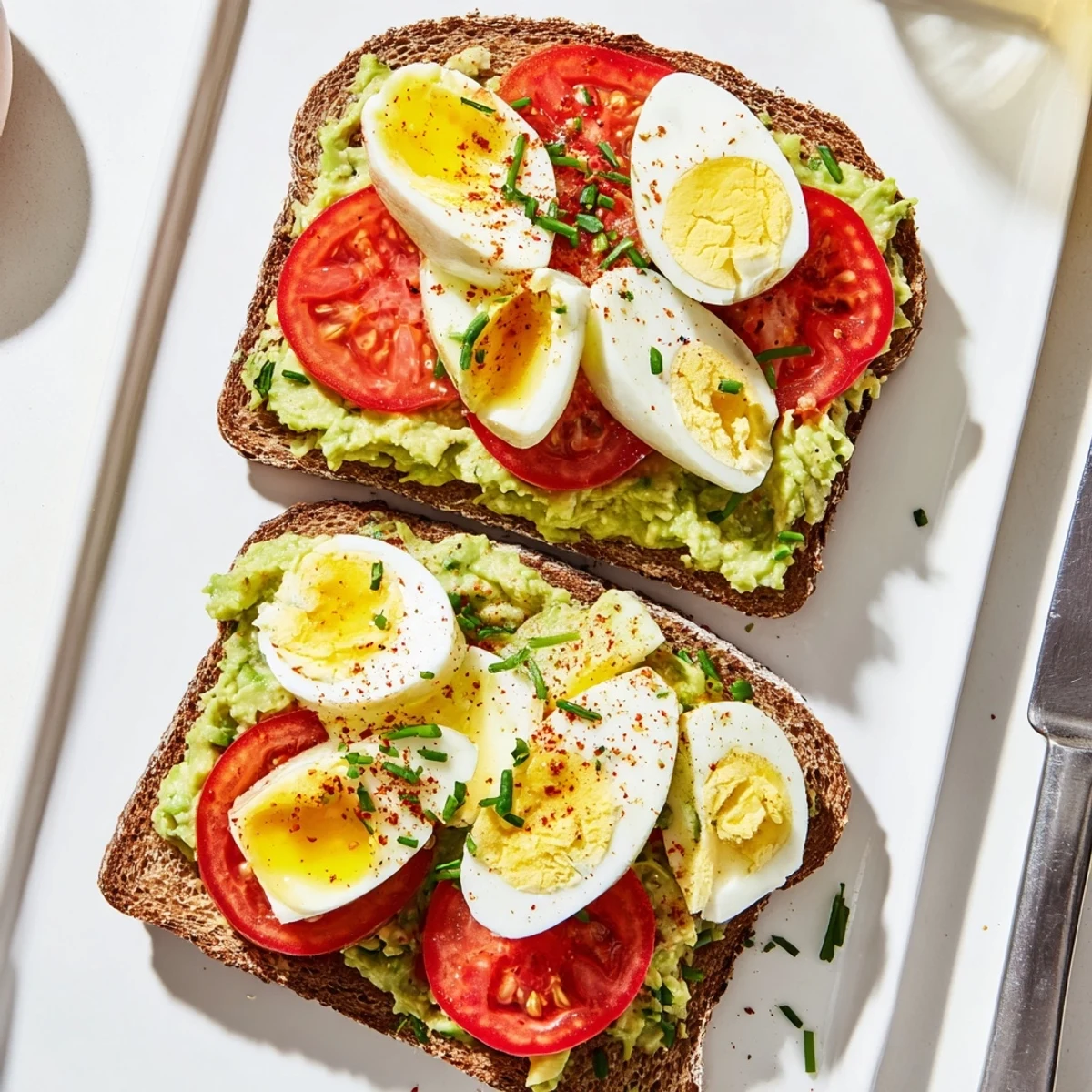 Creamy mashed avocado spread on toasted sourdough layered with juicy tomatoes and sliced hard-boiled eggs