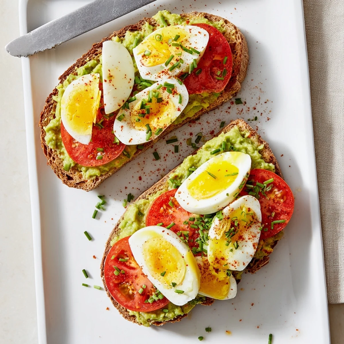 Protein-packed avocado toast with hard-boiled eggs and fresh tomato slices on crispy whole grain bread