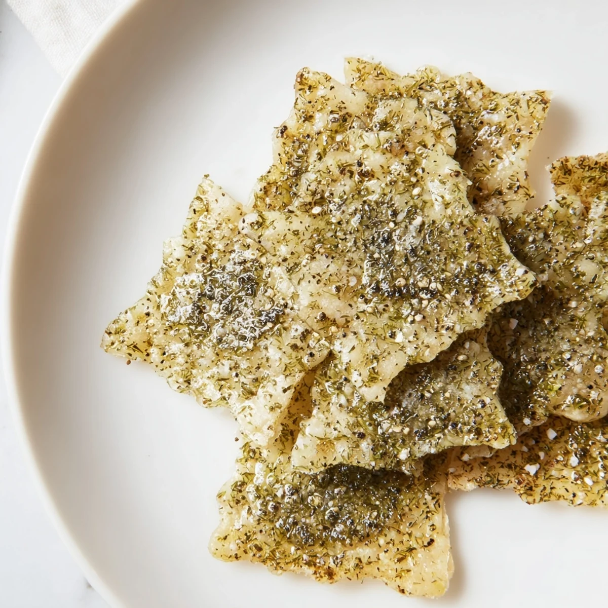 Crispy Dill Pickle Saltines glistening with tangy dill coating on parchment