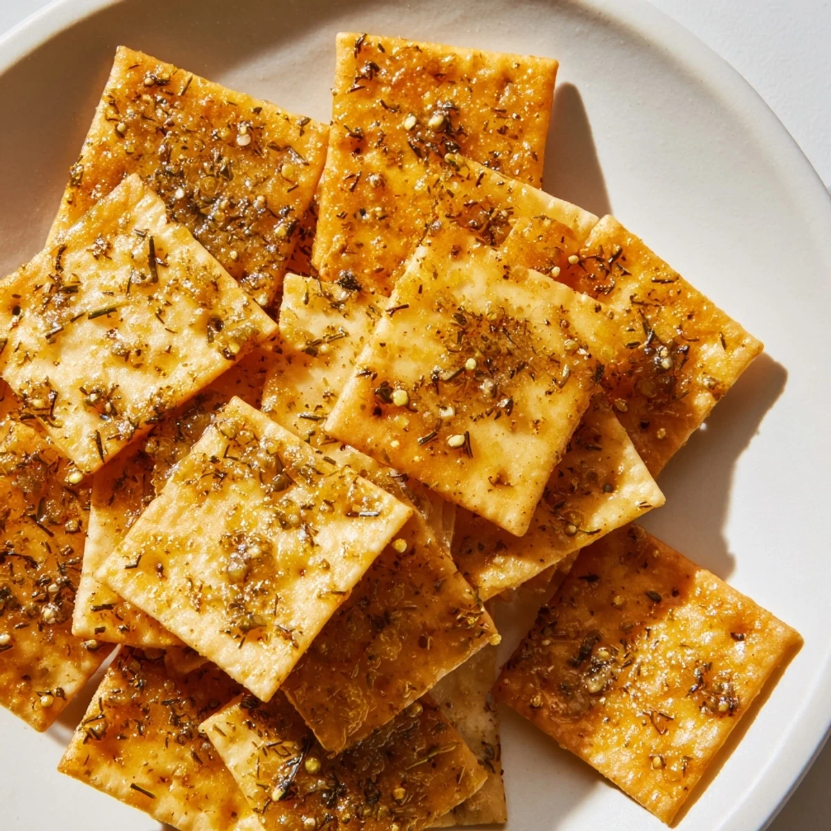 Close-up of browned Dill Pickle Saltines dusted with ranch seasoning, ready to serve