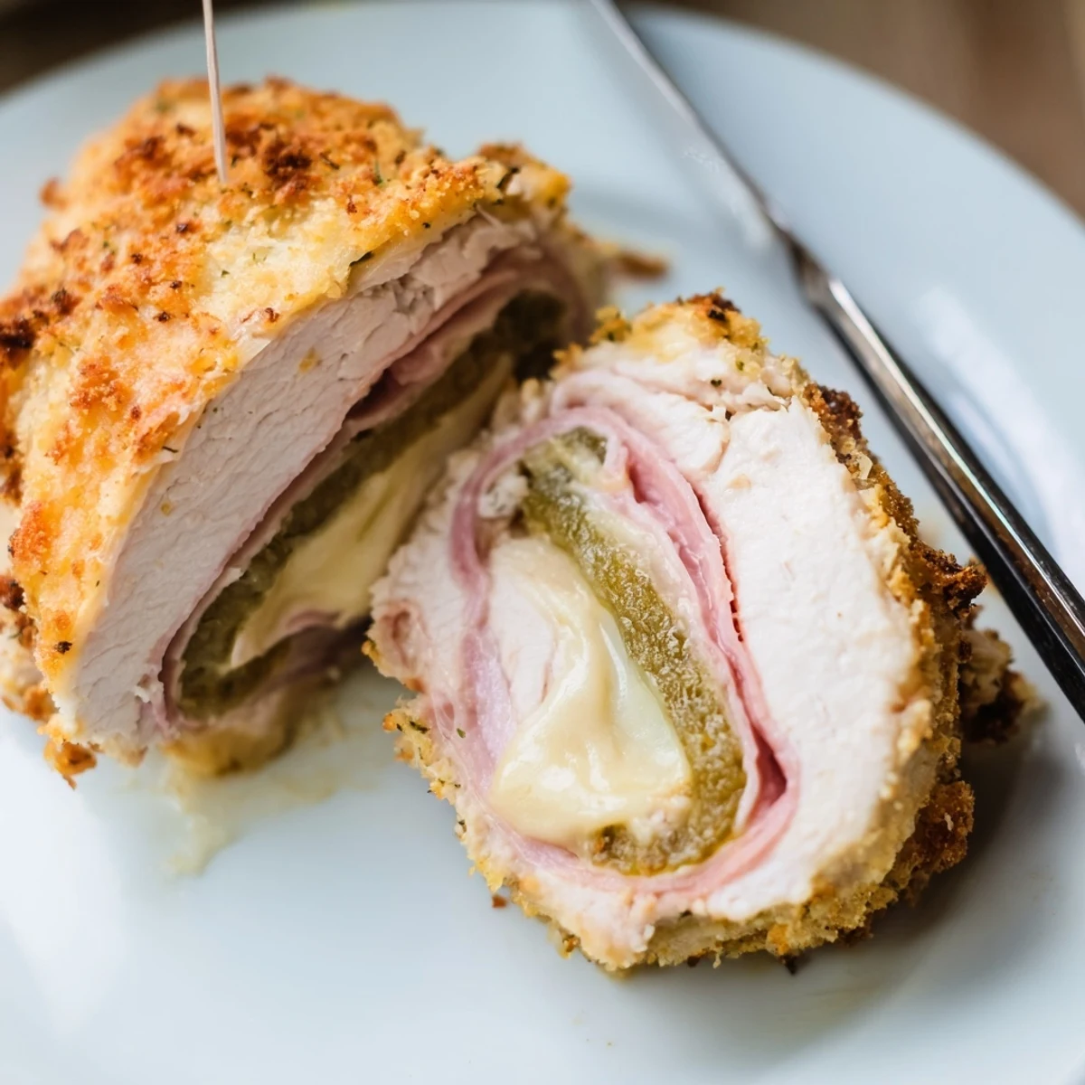 Crispy Pickle Brined Chicken Rolls sliced, golden crust, gooey cheese inside