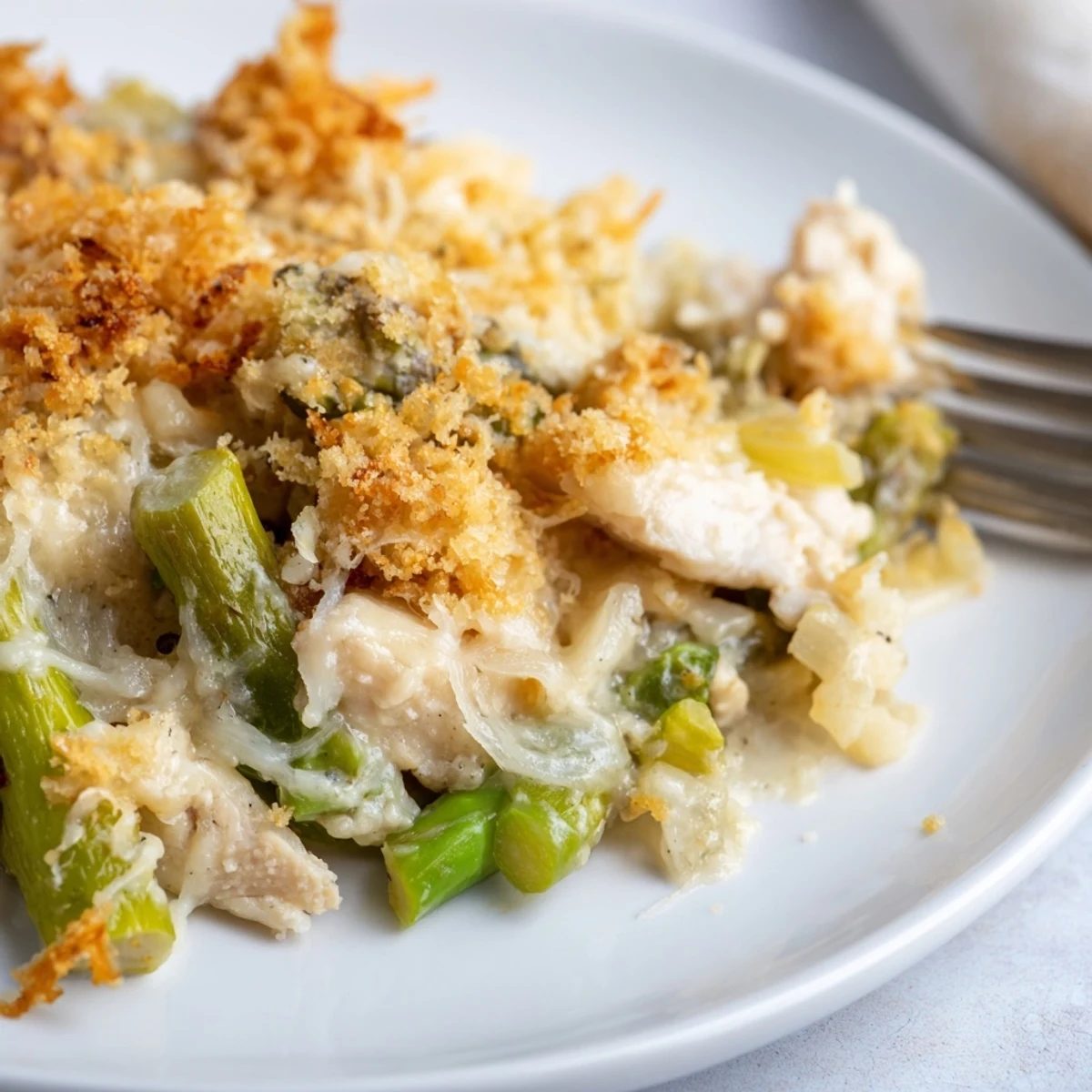 Creamy Chicken Asparagus Bake golden bubbling cheese topping, tender chicken and bright asparagus