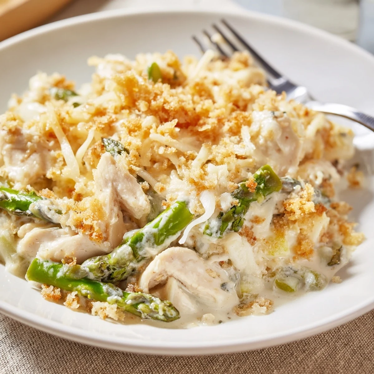 Family style Creamy Chicken Asparagus Bake with golden crust, fragrant garlic and lemon