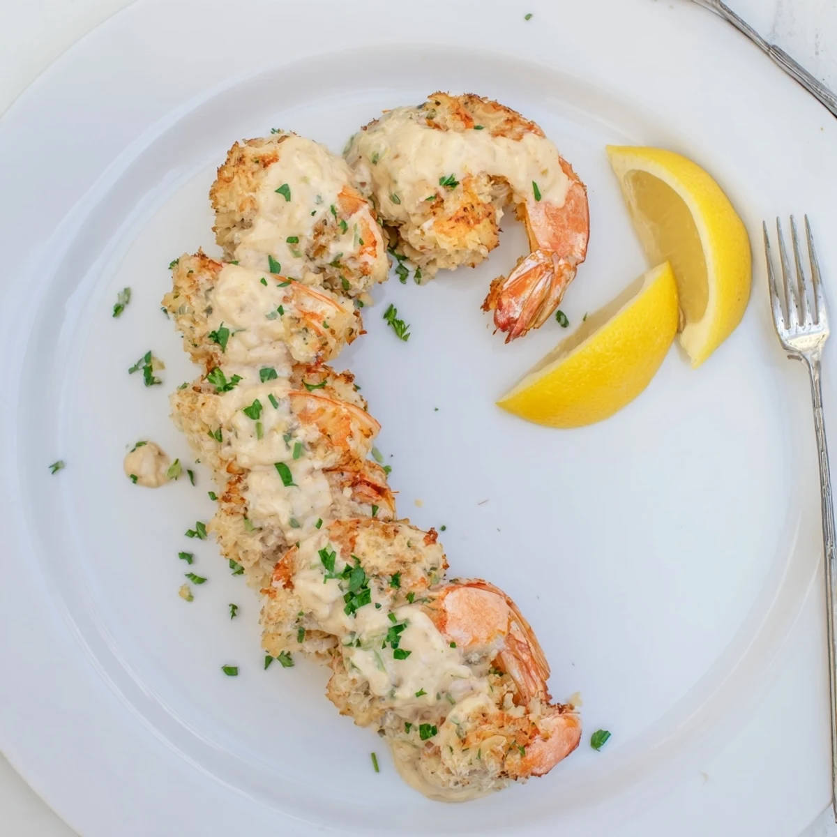 Oven-baked Crab Cake Stuffed Shrimp With Cowboy Butter, drizzled with lemony garlic butter.