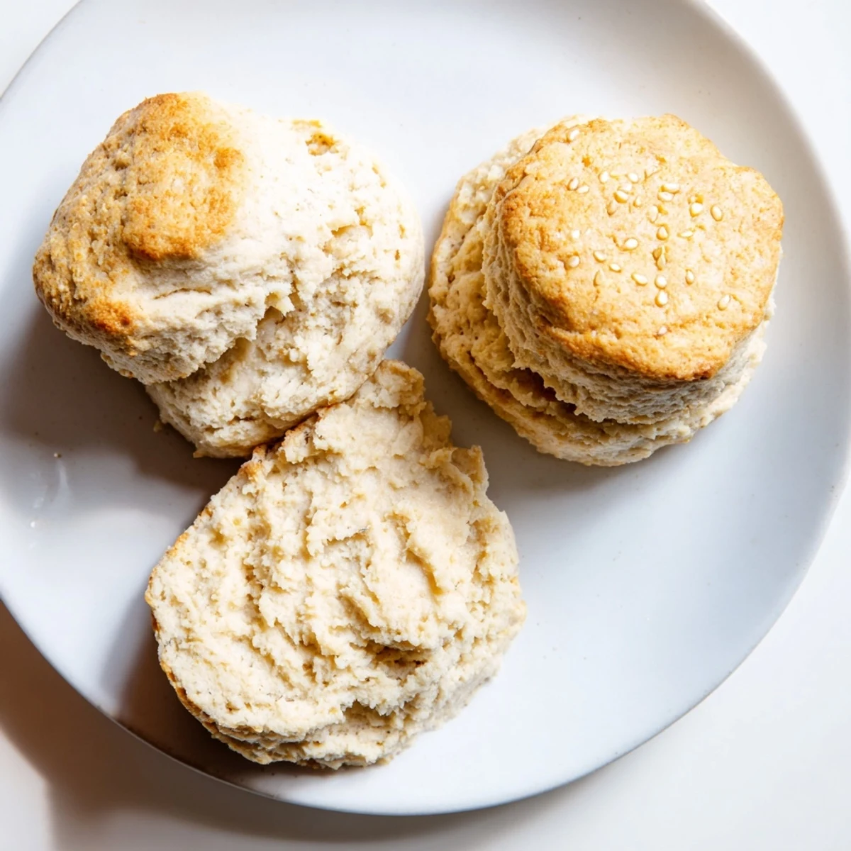 Freshly baked Humous Scones split open, spread with creamy yogurt dip