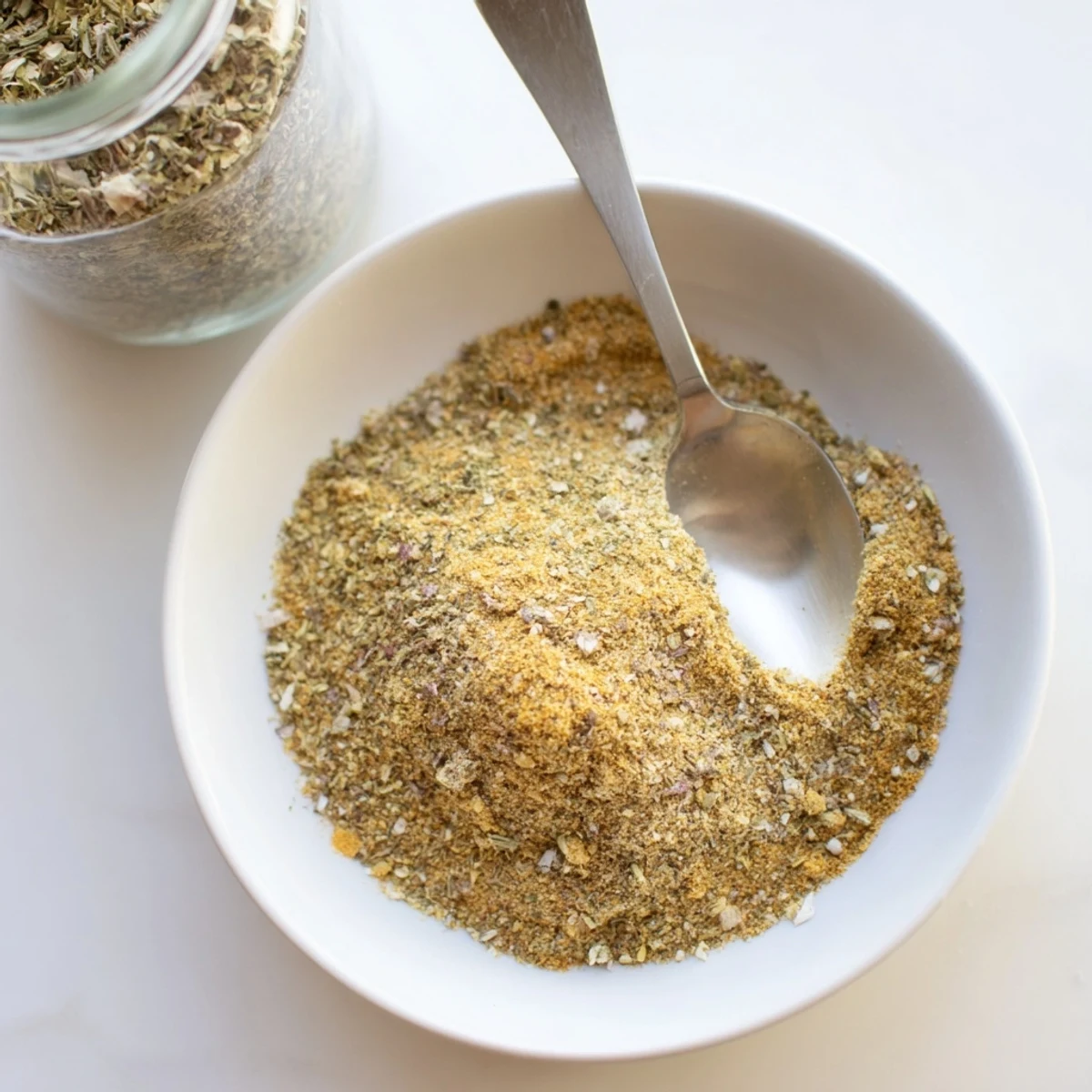 Glass jar of Vegan Chicken Seasoning For Rubs Marinades And Broth, warm golden aroma.