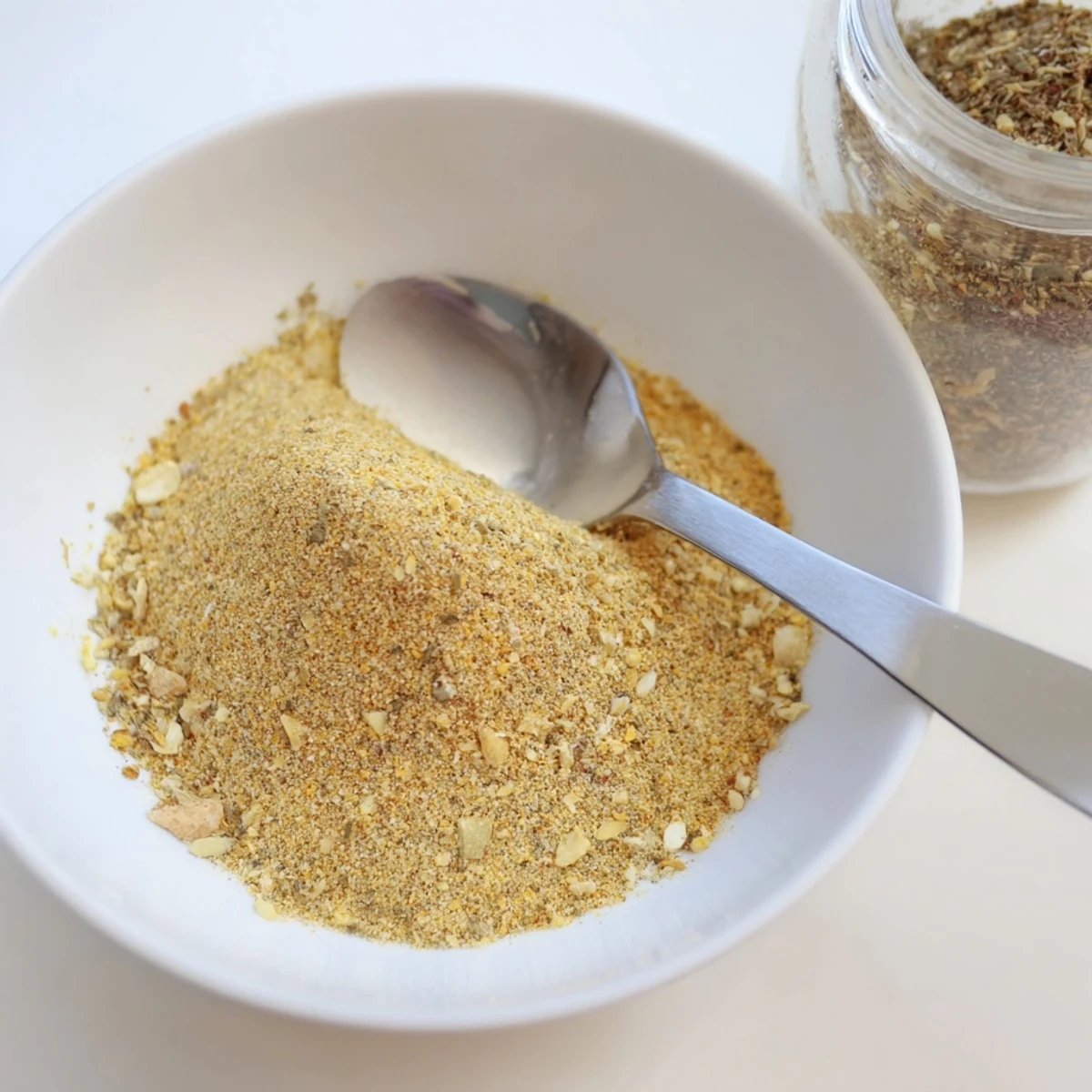 Bowl of Vegan Chicken Seasoning For Rubs Marinades And Broth beside tofu, ready.