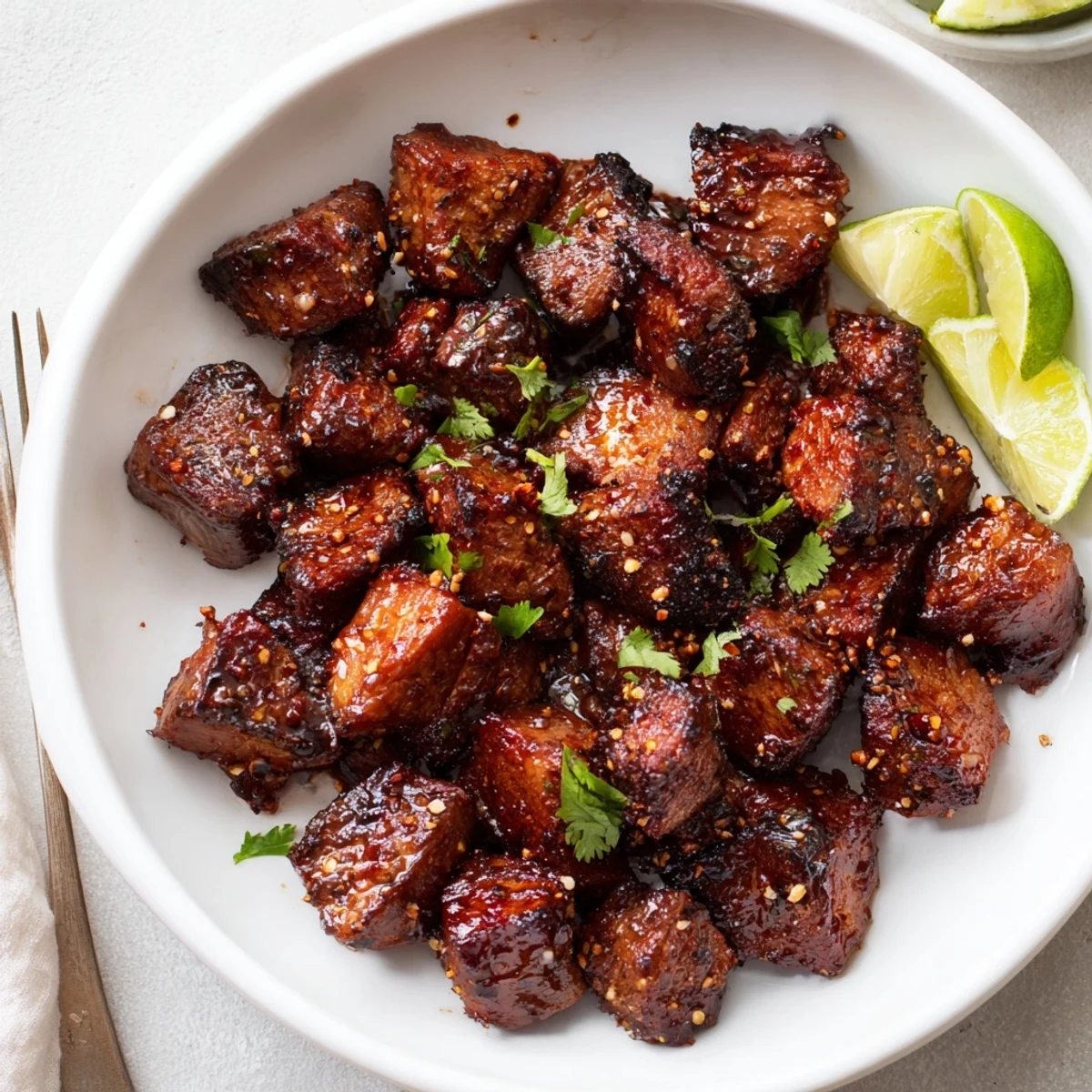 Sweet Spicy Jerk Style Beef Bites caramelized, sticky glaze, served with lime wedges