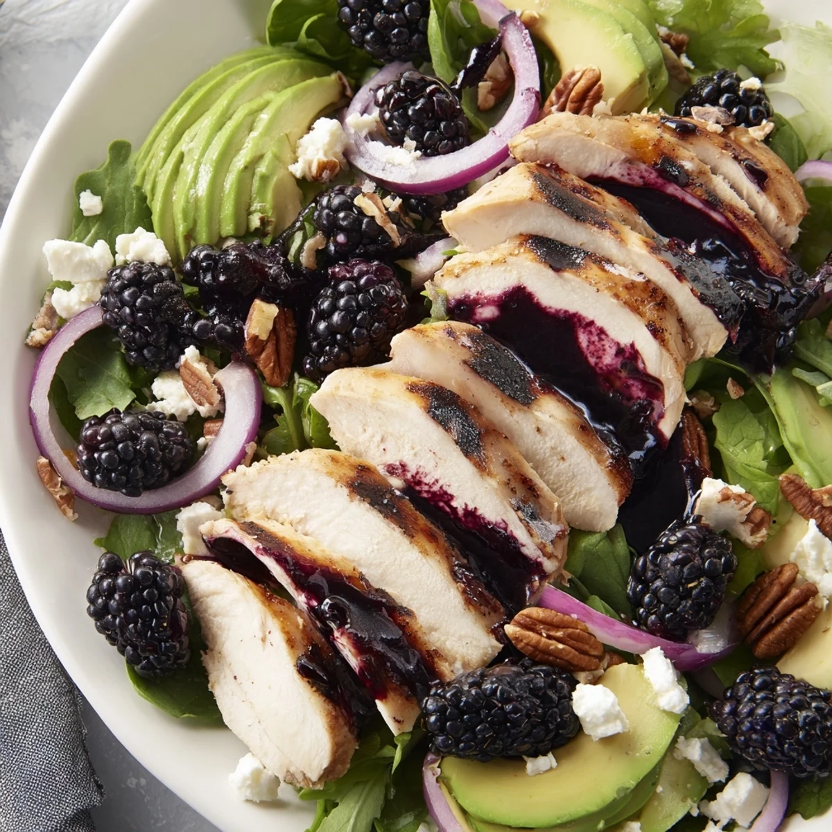 Sweet Tangy Blackberry Chicken Salad with juicy sliced grilled chicken, fresh blackberries, avocado