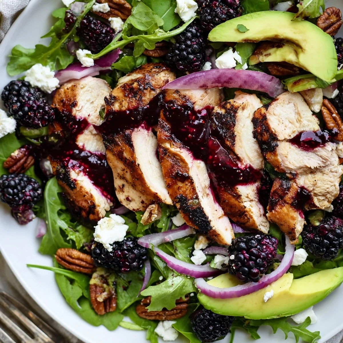 For a light summer lunch, Sweet Tangy Blackberry Chicken Salad piled high on greens