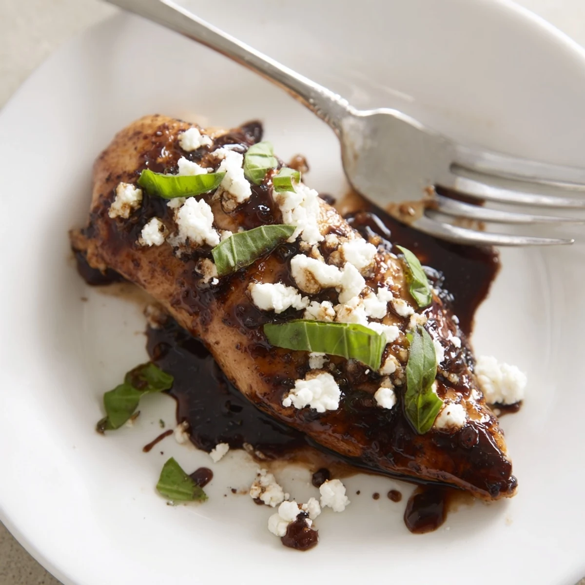 Sweet Tangy Balsamic Chicken with Goat Cheese & Basil, glossy balsamic glaze