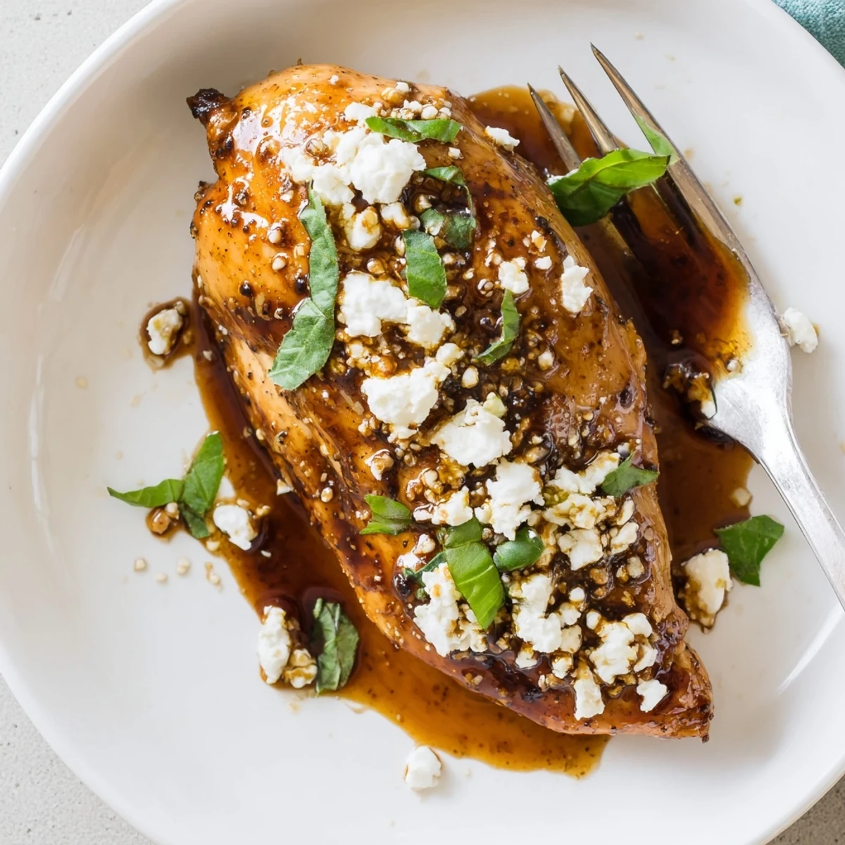 Freshly plated Sweet Tangy Balsamic Chicken with Goat Cheese & Basil, tossed greens