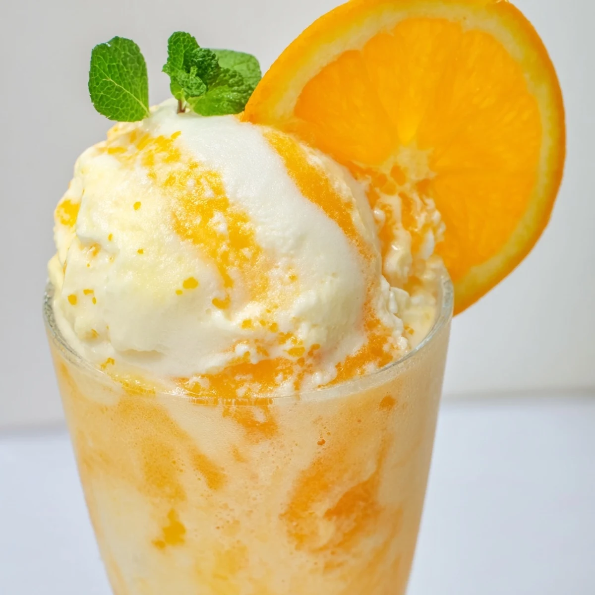 Frosty glass of sun kissed frozen orange cream slush garnished with fresh orange wedge on a sunny patio