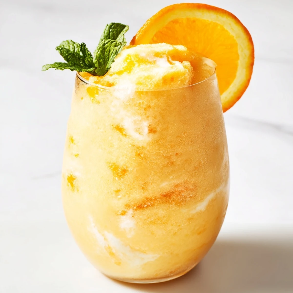 Blender view of vibrant sun kissed frozen orange cream slush with swirls of vanilla and orange zest