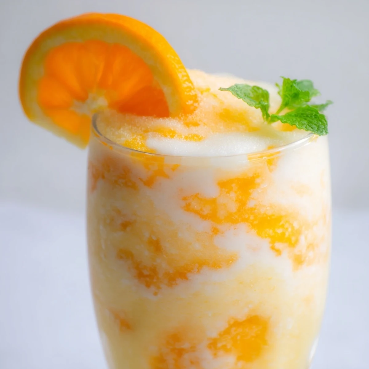 Thick creamy orange cream slush with visible ice crystals served in tall chilled glasses with mint sprig