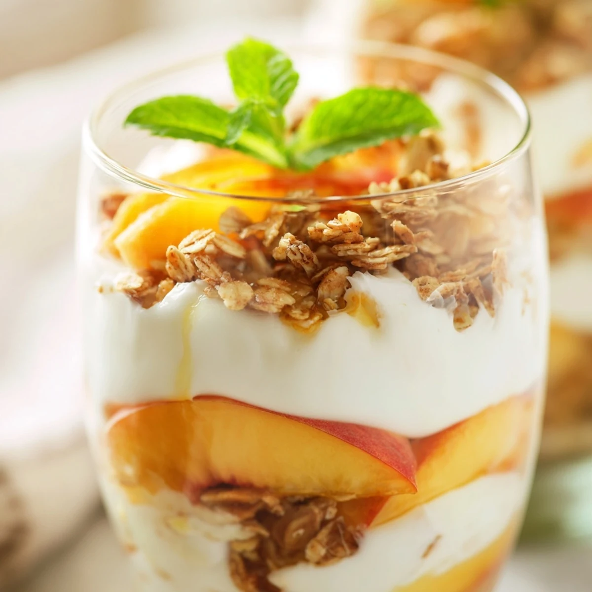 Ripe peach slices layered with creamy Greek yogurt and crunchy granola in sweet peach yogurt parfait delight