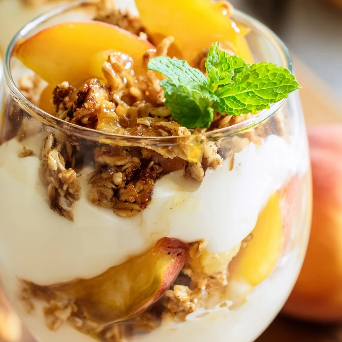 Glass parfait bowl displaying sweet peach yogurt parfait delight with layered yogurt peaches granola