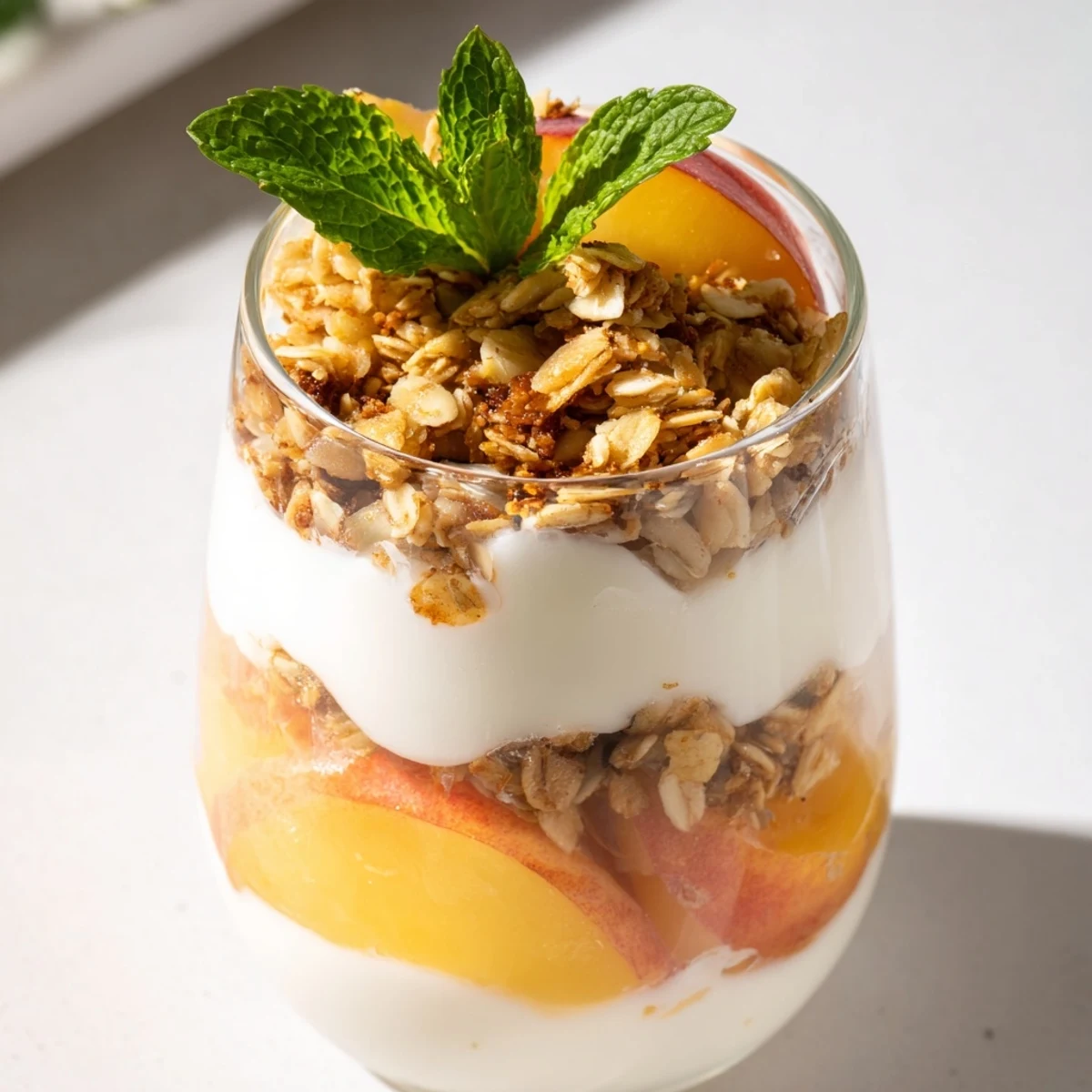 Morning breakfast parfait featuring sweet peach yogurt parfait delight with alternating layers of fruit yogurt and granola