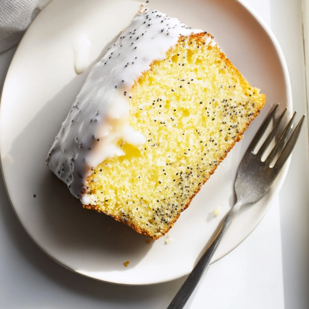 Freshly baked lemon poppy seed bread with glossy glaze and scattered poppy seeds on crumb