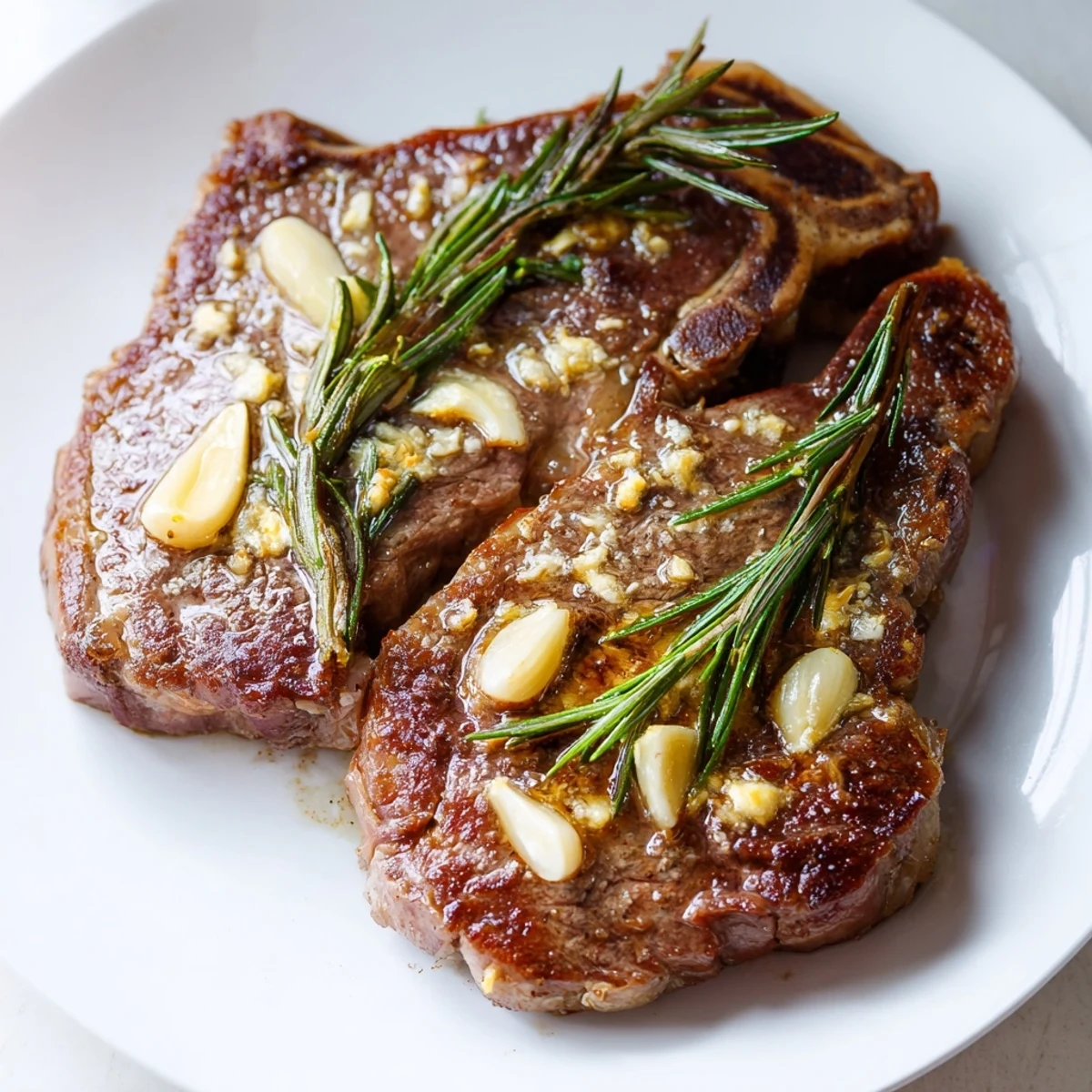 Golden brown garlic butter steak sizzling in a cast iron skillet with fresh rosemary sprigs