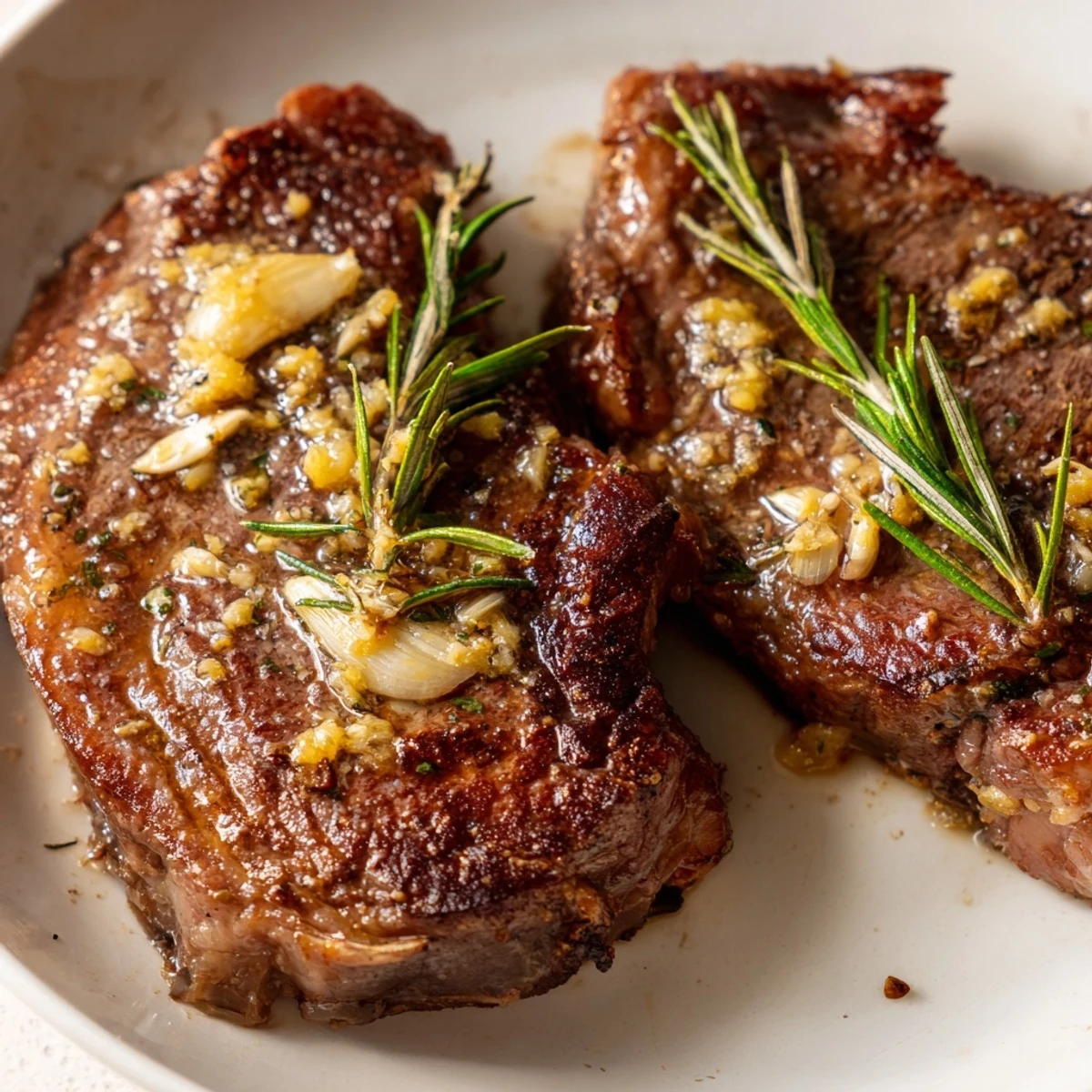 Perfectly cooked garlic butter steak slices revealing a pink center topped with minced garlic and parsley