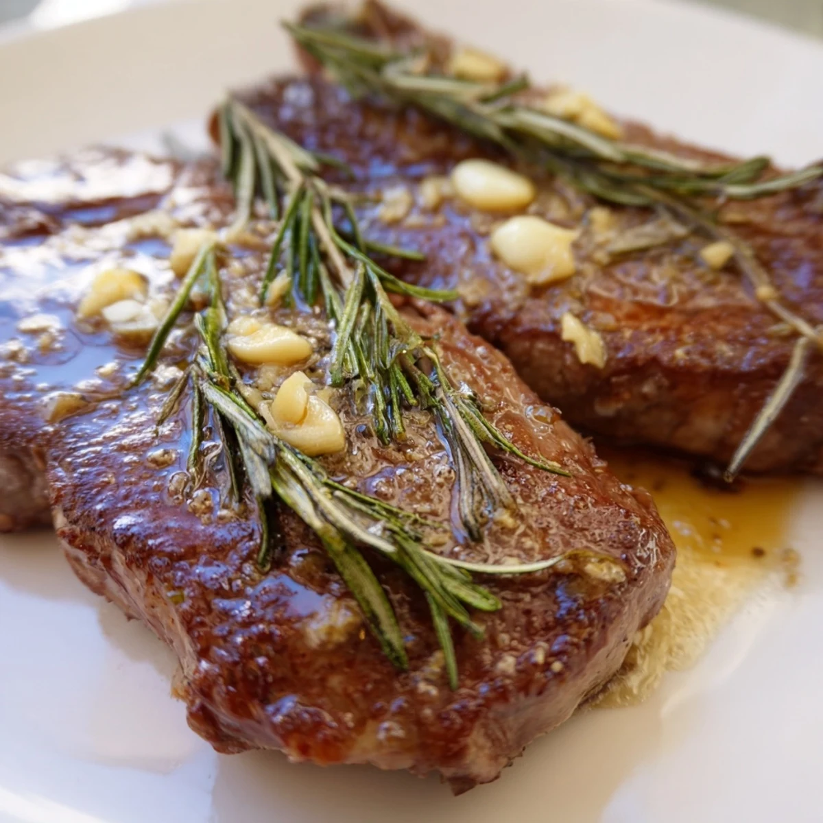 Juicy pan-seared garlic butter steak resting on a white plate with melted herb butter dripping