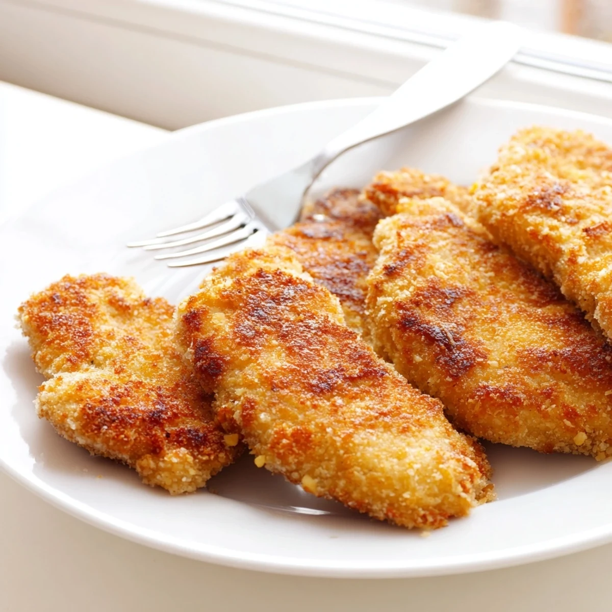 Golden fried chicken breast with crispy breadcrumb coating resting on paper towel