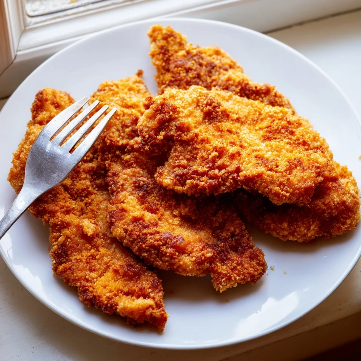 Juicy fried chicken breast plated with mashed potatoes and fresh coleslaw side