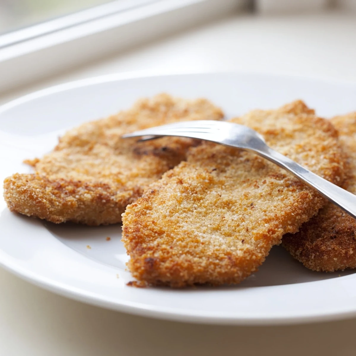 Crispy fried chicken breast sliced to reveal tender juicy meat inside crumbs