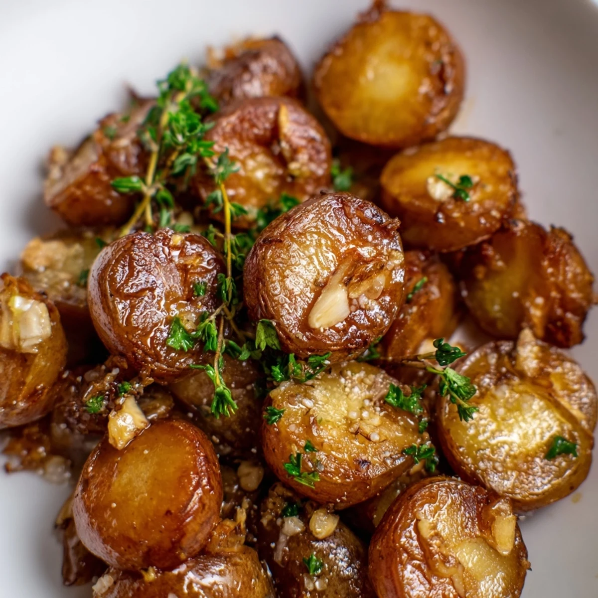 Golden brown garlic roasted radishes arranged on a white serving plate, garnished with fresh green parsley.