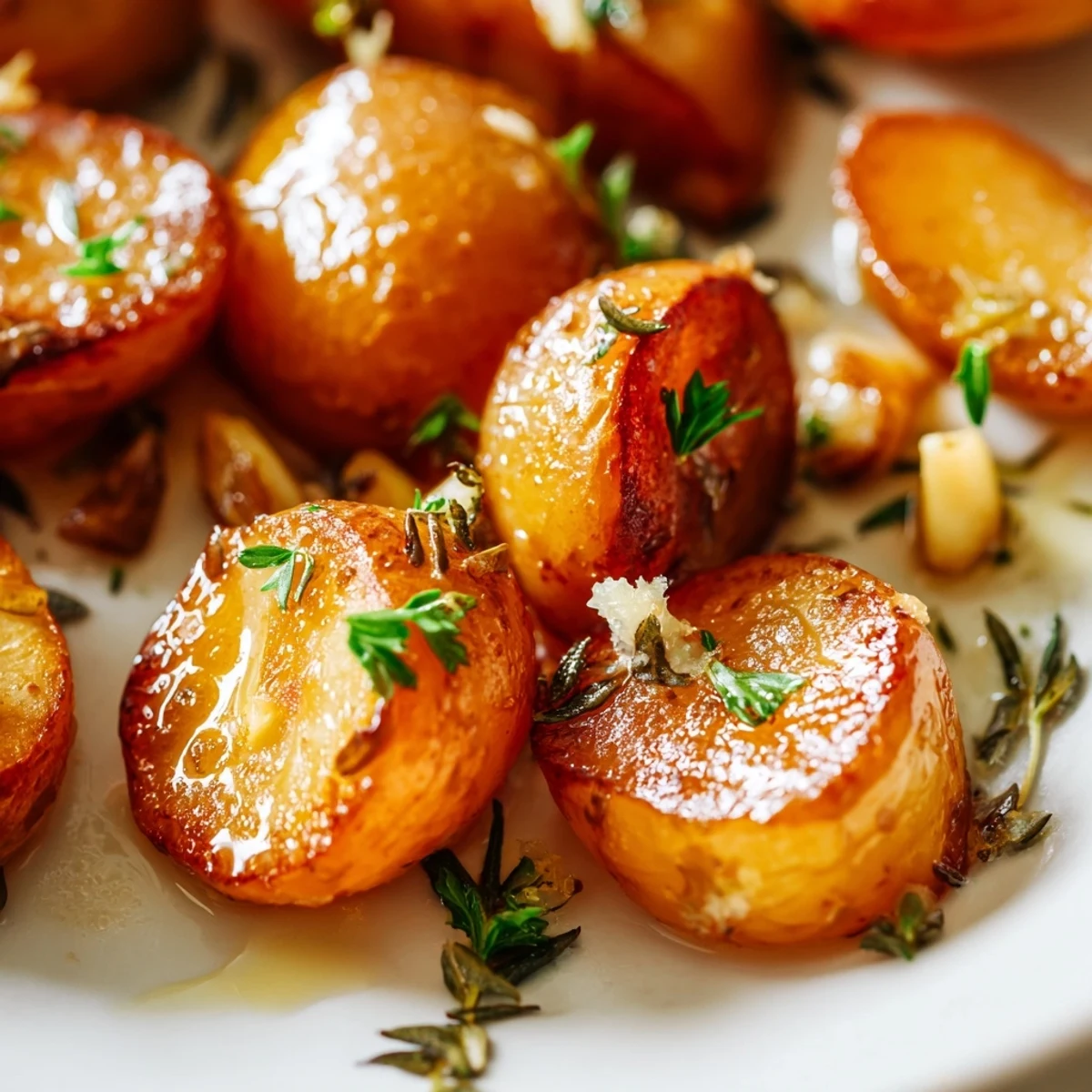Close up of tender roasted radishes with golden edges and minced garlic, served warm as a low carb side dish.