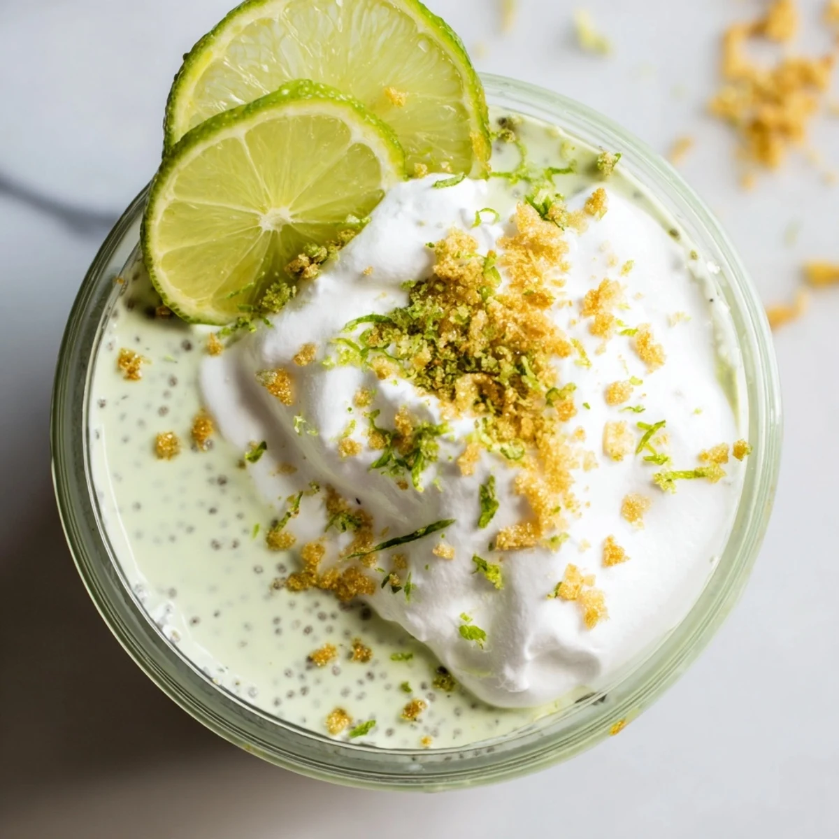 Creamy key lime chia pudding topped with whipped cream and fresh lime zest
