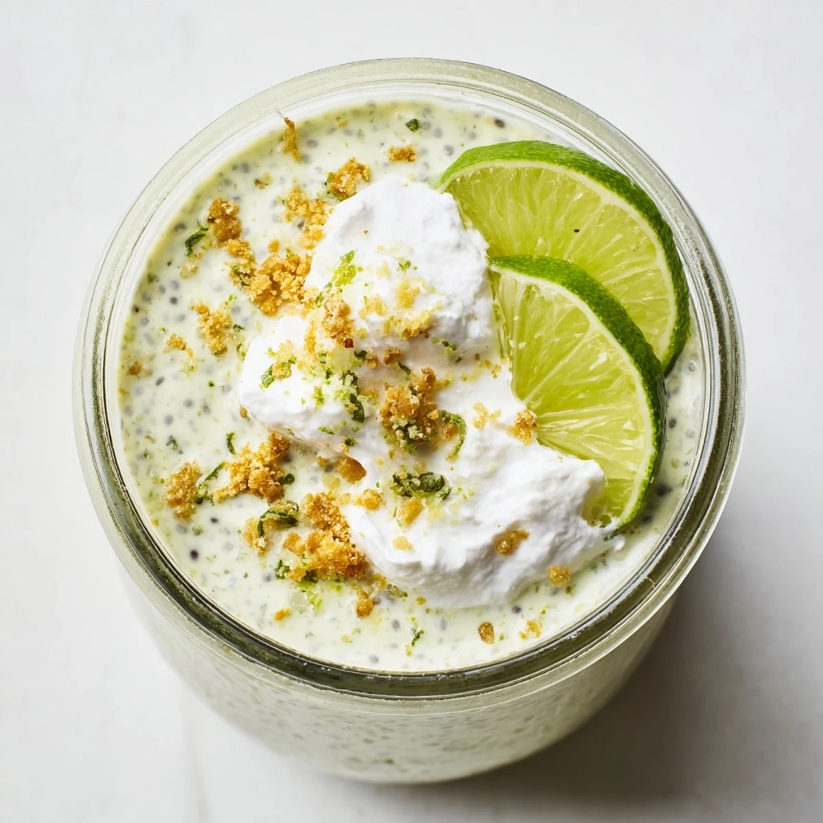 Zesty key lime chia pudding garnished with lime slices and coconut whipped cream