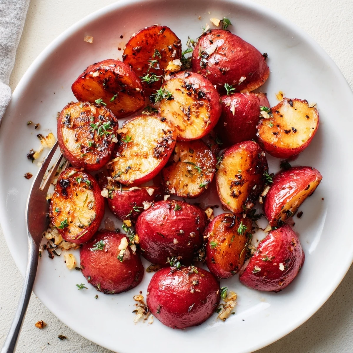 Garlic Roasted Radishes glistening with olive oil, golden edges, herb aroma