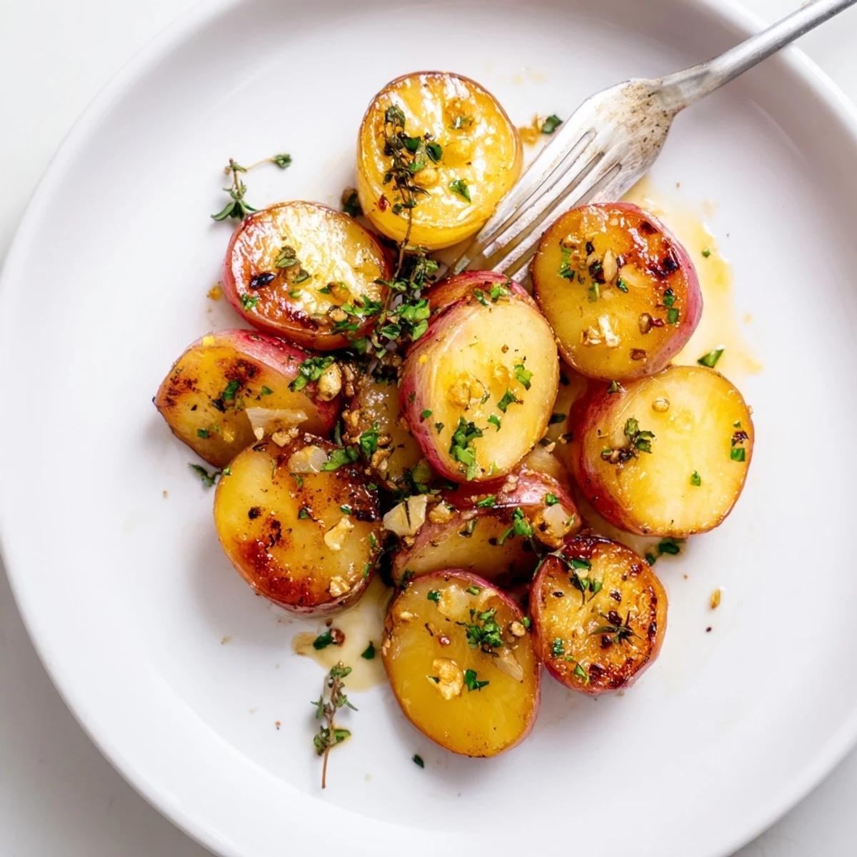 Warm Garlic Roasted Radishes served with chopped parsley and a lemon squeeze