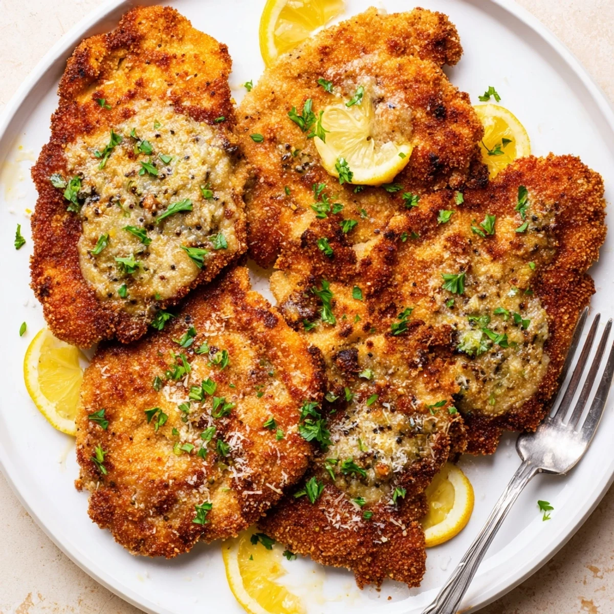 Lemon Chicken Romano: golden cheese-crusted cutlets with glossy lemon-butter sauce, parsley garnish