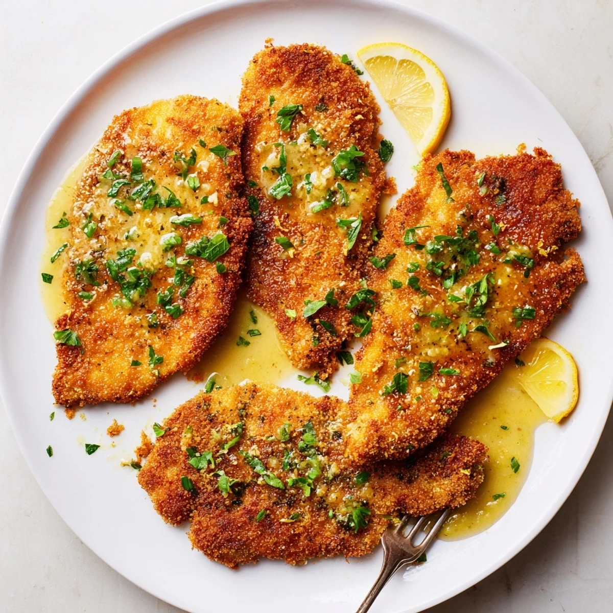 Pan-fried Lemon Chicken Romano resting on pasta, bright lemon zest, sizzling aroma