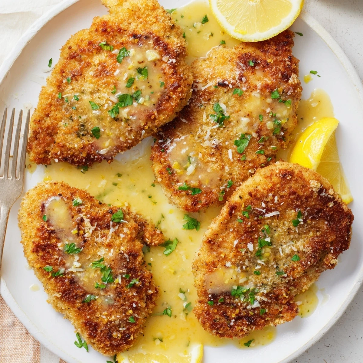 Crispy Lemon Chicken Romano cutlets spooned with tangy butter-lemon sauce, garnished with parsley
