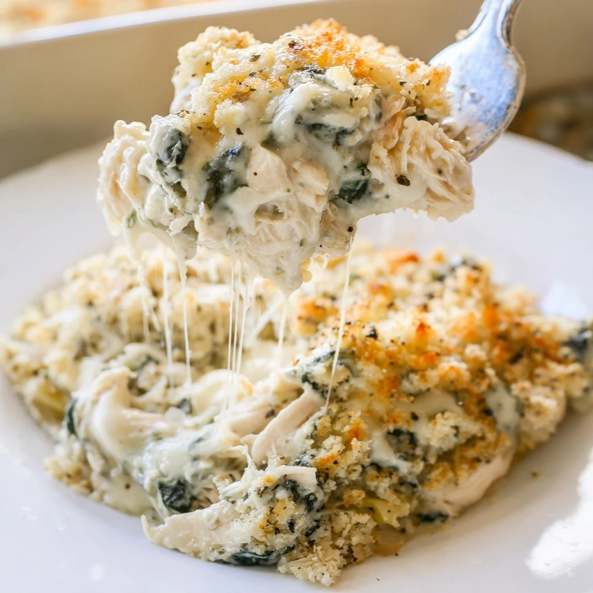 Slice of Spinach Artichoke Chicken Casserole on plate, creamy interior, fork-ready