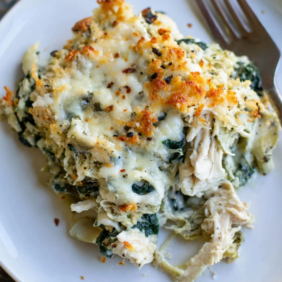 Creamy Spinach Artichoke Chicken Casserole bubbling golden, melted cheese and herbs