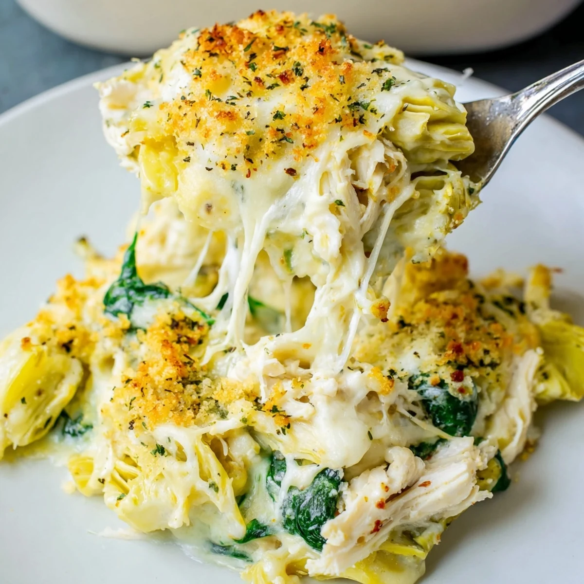 Bubbly Spinach Artichoke Chicken Casserole with golden breadcrumb topping, aroma of garlic