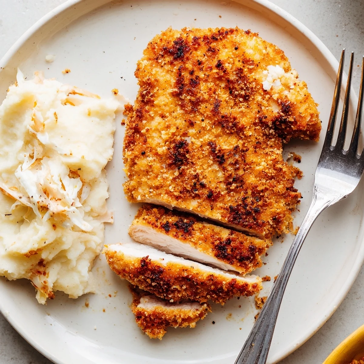 Buttery mashed potatoes and tangy coleslaw beside a juicy Fried Chicken Breast.