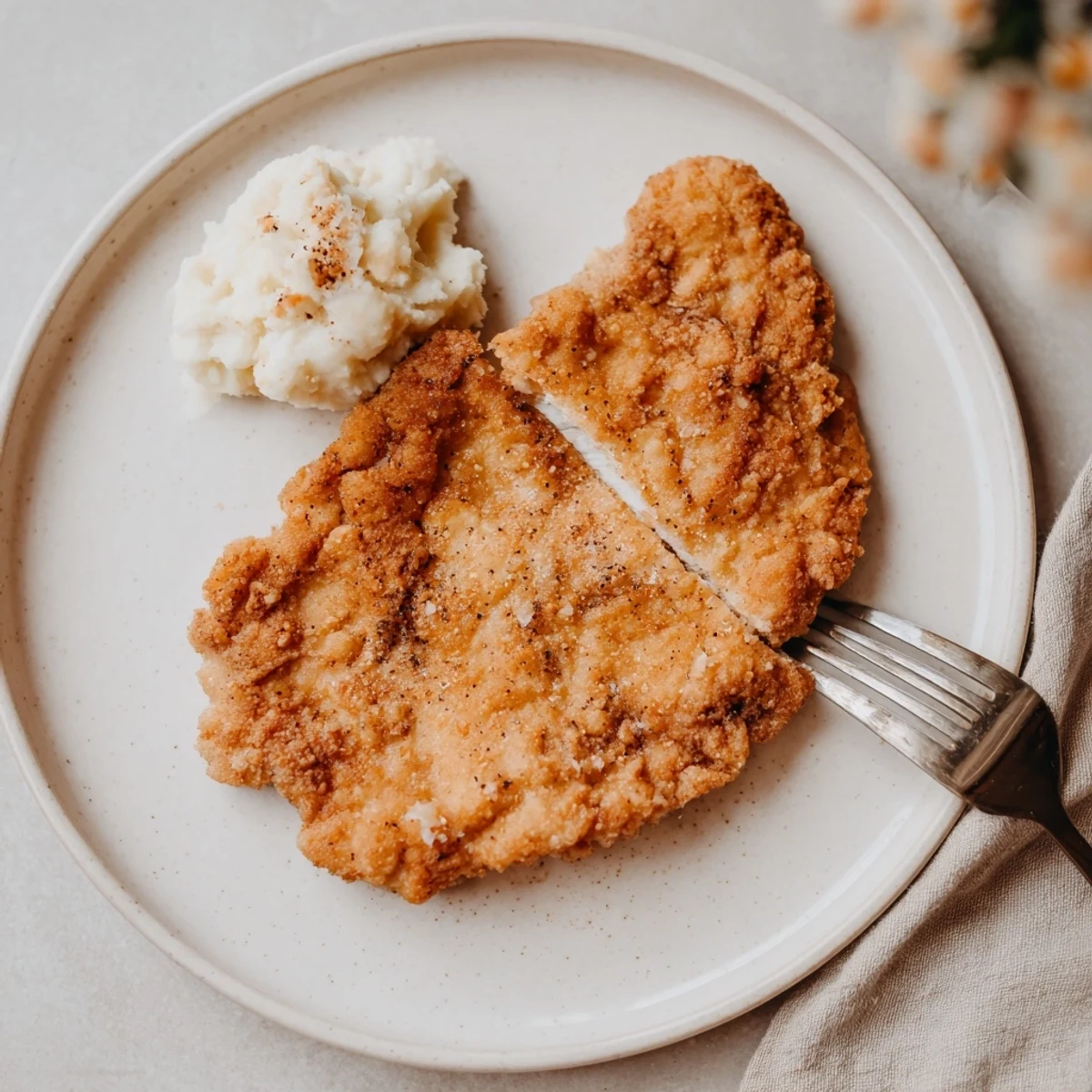Piping-hot Fried Chicken Breast coming out of skillet, crunchy coating glistening.