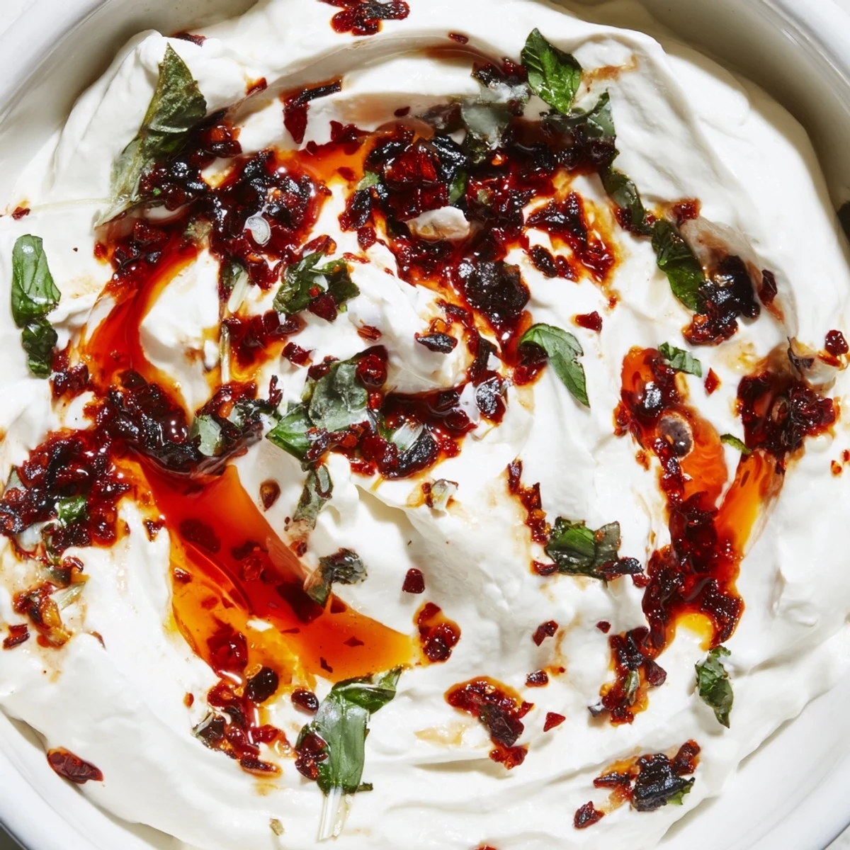 Creamy charred scallion and chili crisp dip topped with a spicy drizzle