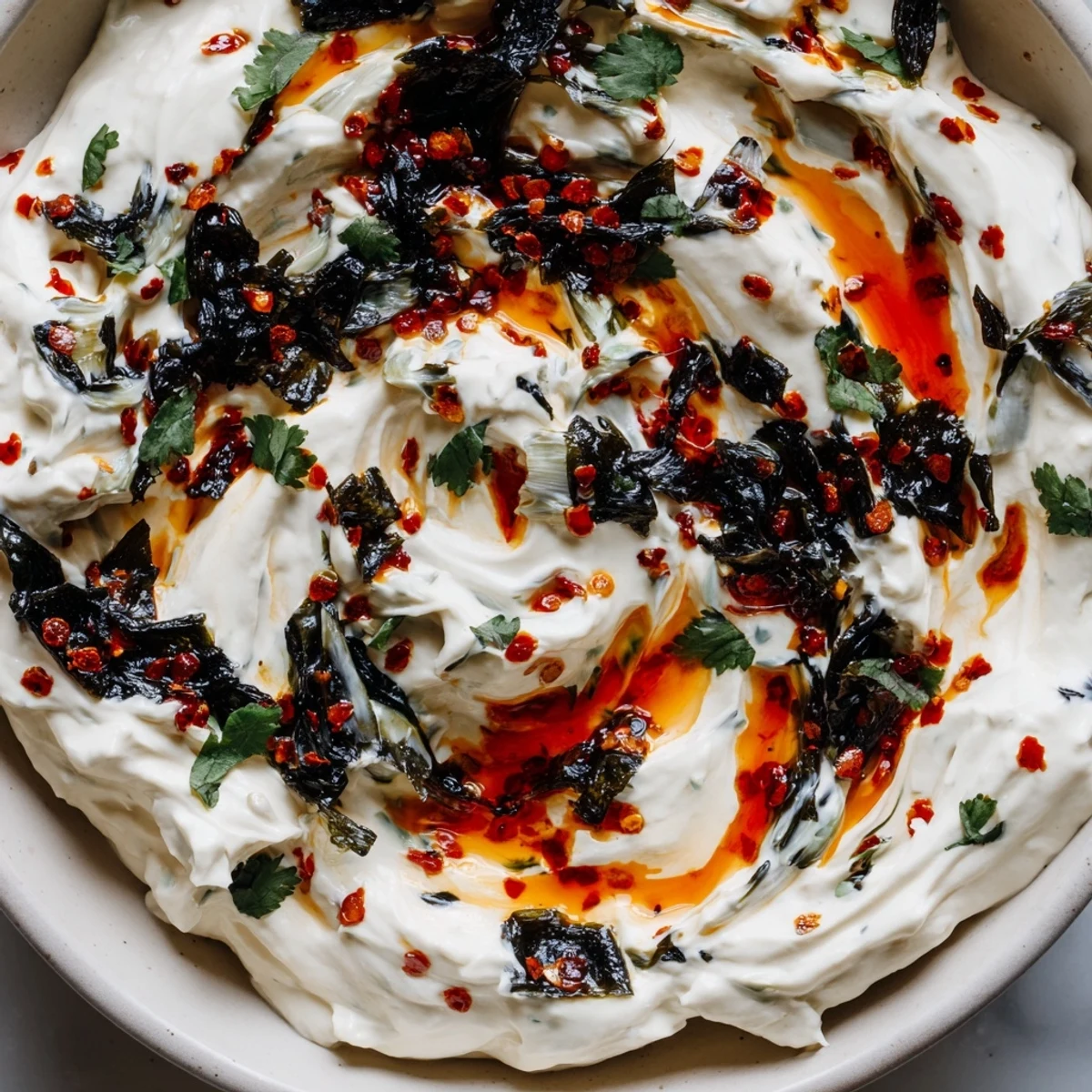 Smoky charred scallion and chili crisp dip served with crispy tortilla chips