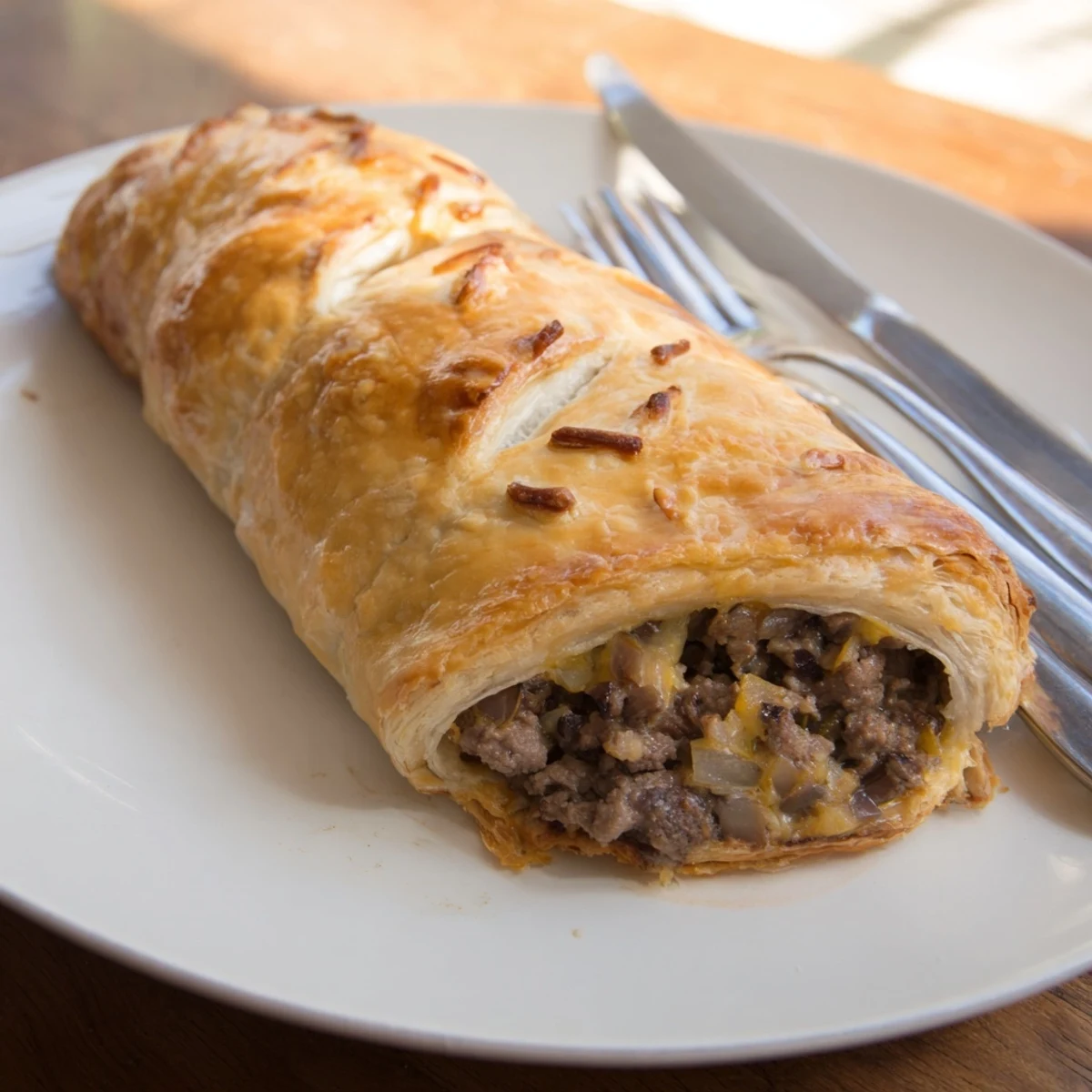 Golden Greggs inspired steak and cheese roll with melted cheddar oozing from flaky puff pastry